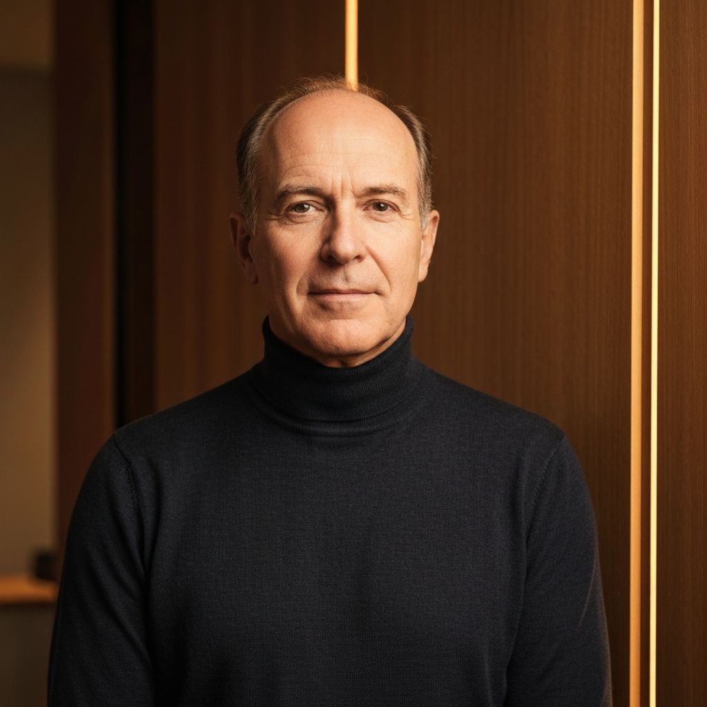 Man with quiet confidence in neutral setting